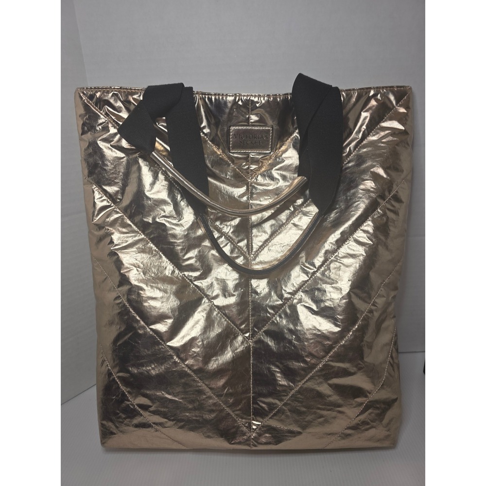Victoria Secret Rose Gold Quilted Tote Bag Metallic Shopper Travel